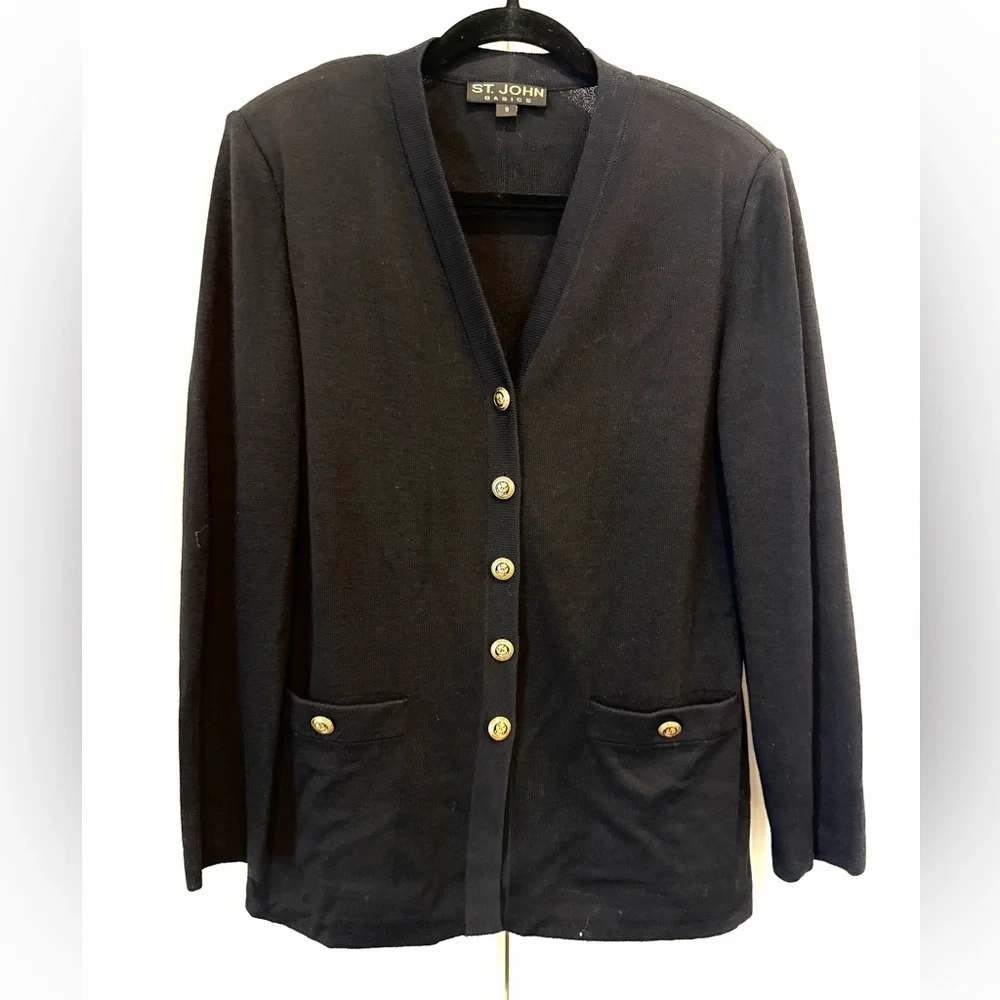 St John Basics Black Knit V-Neck Button Cardigan Sz 8 Quiet Luxury Capsule Chic